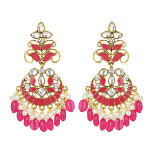 Ethnic | Gold Plated Long Earings | Kundan | Chand Ballies | Pearl | Pink
