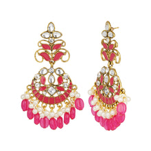 Load image into Gallery viewer, Ethnic | Gold Plated Long Earings | Kundan | Chand Ballies | Pearl | Pink