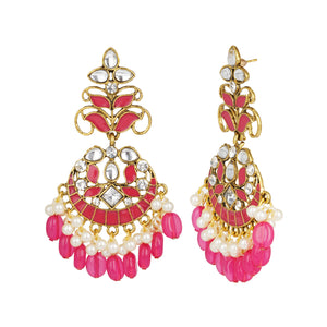 Ethnic | Gold Plated Long Earings | Kundan | Chand Ballies | Pearl | Pink