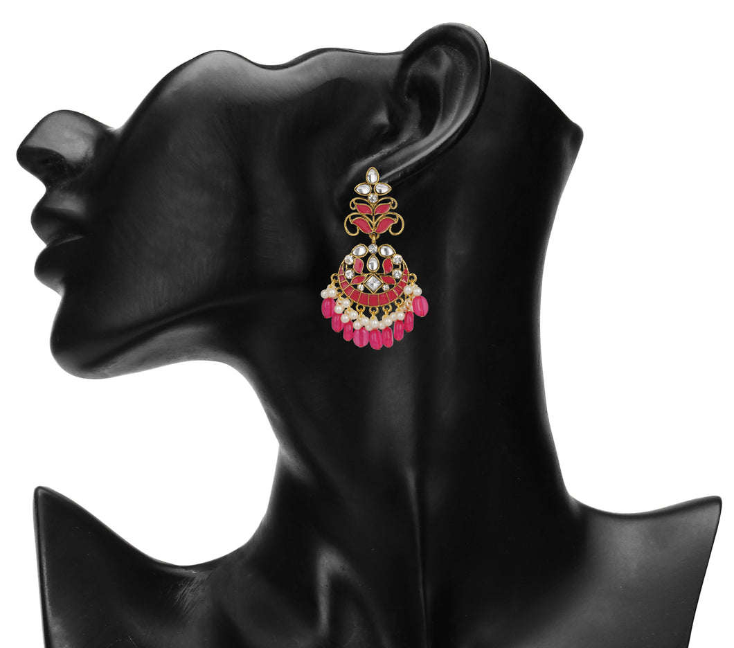 Ethnic | Gold Plated Long Earings | Kundan | Chand Ballies | Pearl | Pink