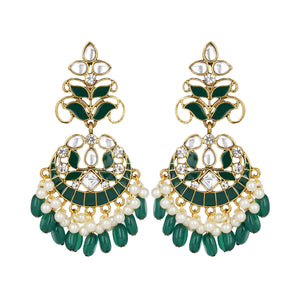 Ethnic | Gold Plated Long Earings | Kundan | Chand Ballies | Pearl | Green