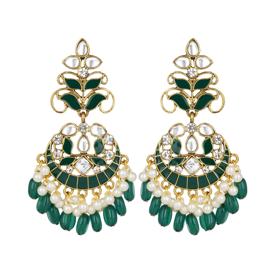 Ethnic | Gold Plated Long Earings | Kundan | Chand Ballies | Pearl | Green