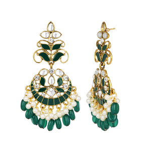 Ethnic | Gold Plated Long Earings | Kundan | Chand Ballies | Pearl | Green