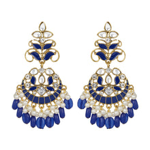 Load image into Gallery viewer, Ethnic | Gold Plated Long Earings | Kundan | Chand Ballies | Pearl | Navy Blue