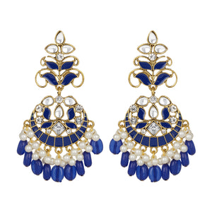 Ethnic | Gold Plated Long Earings | Kundan | Chand Ballies | Pearl | Navy Blue