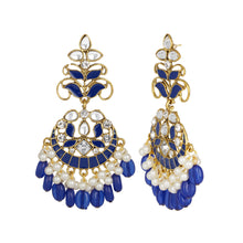 Load image into Gallery viewer, Ethnic | Gold Plated Long Earings | Kundan | Chand Ballies | Pearl | Navy Blue