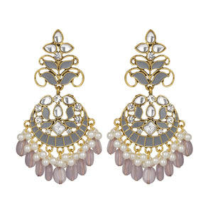 Ethnic | Gold Plated Long Earings | Kundan | Chand Ballies | Pearl | Mint | Lavender