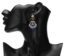 Load image into Gallery viewer, Ethnic | Gold Plated Long Earings | Kundan | Chand Ballies | Pearl | Navy Blue