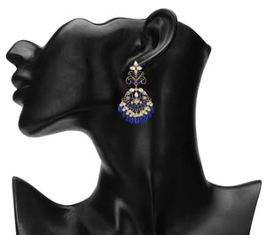 Ethnic | Gold Plated Long Earings | Kundan | Chand Ballies | Pearl | Navy Blue