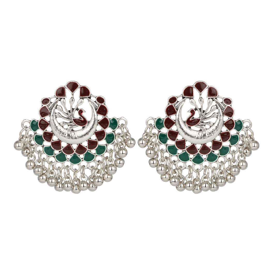 Ethnic | Silver Chand Ballies | Green | Red | Minakari Design | Peacock