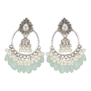 Ethnic Silver Jhumka | Oxidized | Pearl | Aqua