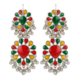 Ethnic | Silver Long Earings | Multi Color | Minakari Design