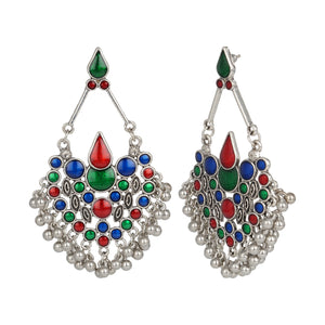 Ethnic | Silver Long Earings | Multi Color | Minakari Design | Chand Ballies