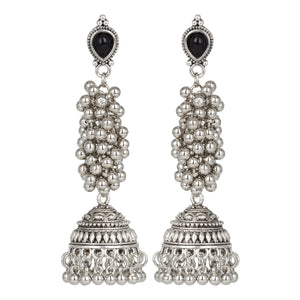 Silver Long Earings | Ethnic | Oxidized | Pear l Jhumka