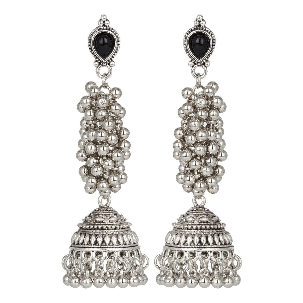Silver Long Earings | Ethnic | Oxidized | Pear l Jhumka