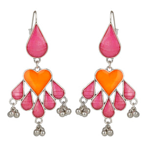 Silver Long Earings | Ethnic | Minakari | Pink | Orange | Danglers