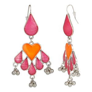 Silver Long Earings | Ethnic | Minakari | Pink | Orange | Danglers
