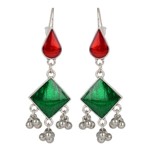 Silver Long Earings | Ethnic | Minakari | Green | Red | Hooks