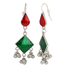 Load image into Gallery viewer, Silver Long Earings | Ethnic | Minakari | Green | Red | Hooks