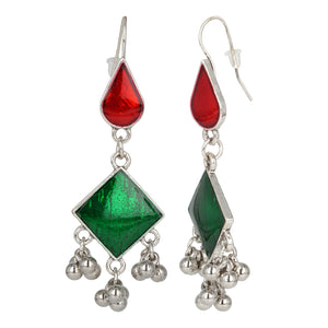 Silver Long Earings | Ethnic | Minakari | Green | Red | Hooks
