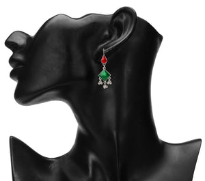 Silver Long Earings | Ethnic | Minakari | Green | Red | Hooks