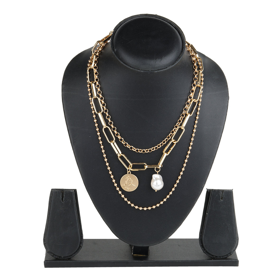 Golden Necklace | Chains | 3 Layers | Flat Coin | Pearl
