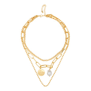 Golden Necklace | Chains | 3 Layers | Flat Coin | Pearl