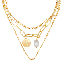Load image into Gallery viewer, Golden Necklace | Chains | 3 Layers | Flat Coin | Pearl