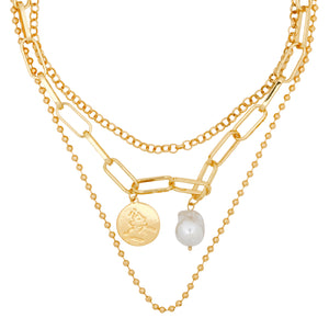 Golden Necklace | Chains | 3 Layers | Flat Coin | Pearl