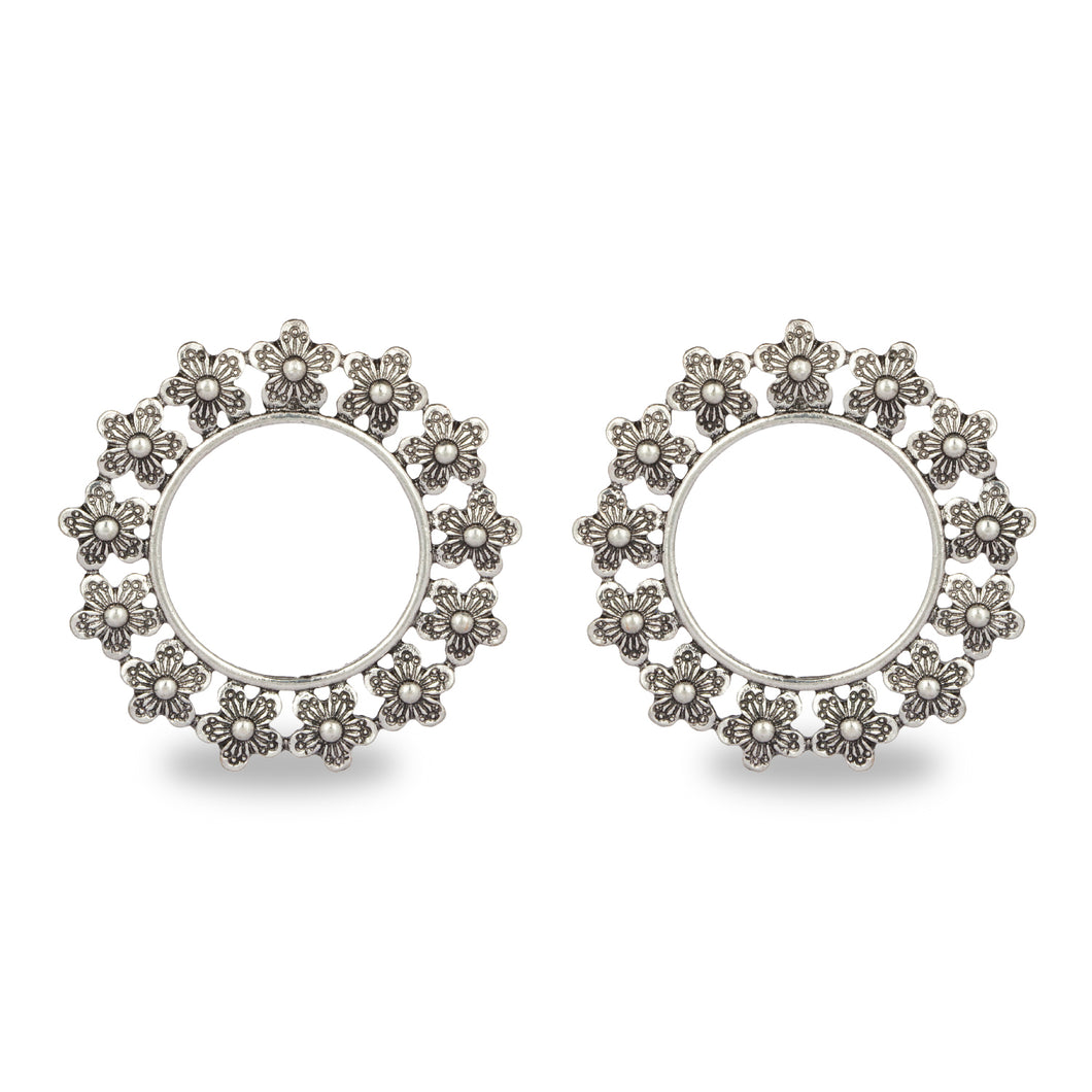 OXIDISED SILVER ROUND FLOWERS STUD EARRING