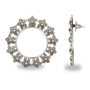 OXIDISED SILVER ROUND FLOWERS STUD EARRING