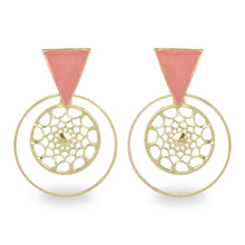 Load image into Gallery viewer, PINK ENAMELED TRIANGLE STUD WITH ROUND CUTWORK EARRING