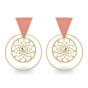 PINK ENAMELED TRIANGLE STUD WITH ROUND CUTWORK EARRING