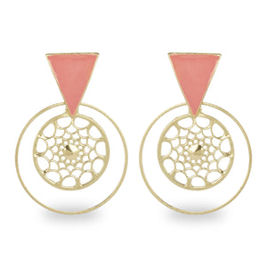 PINK ENAMELED TRIANGLE STUD WITH ROUND CUTWORK EARRING