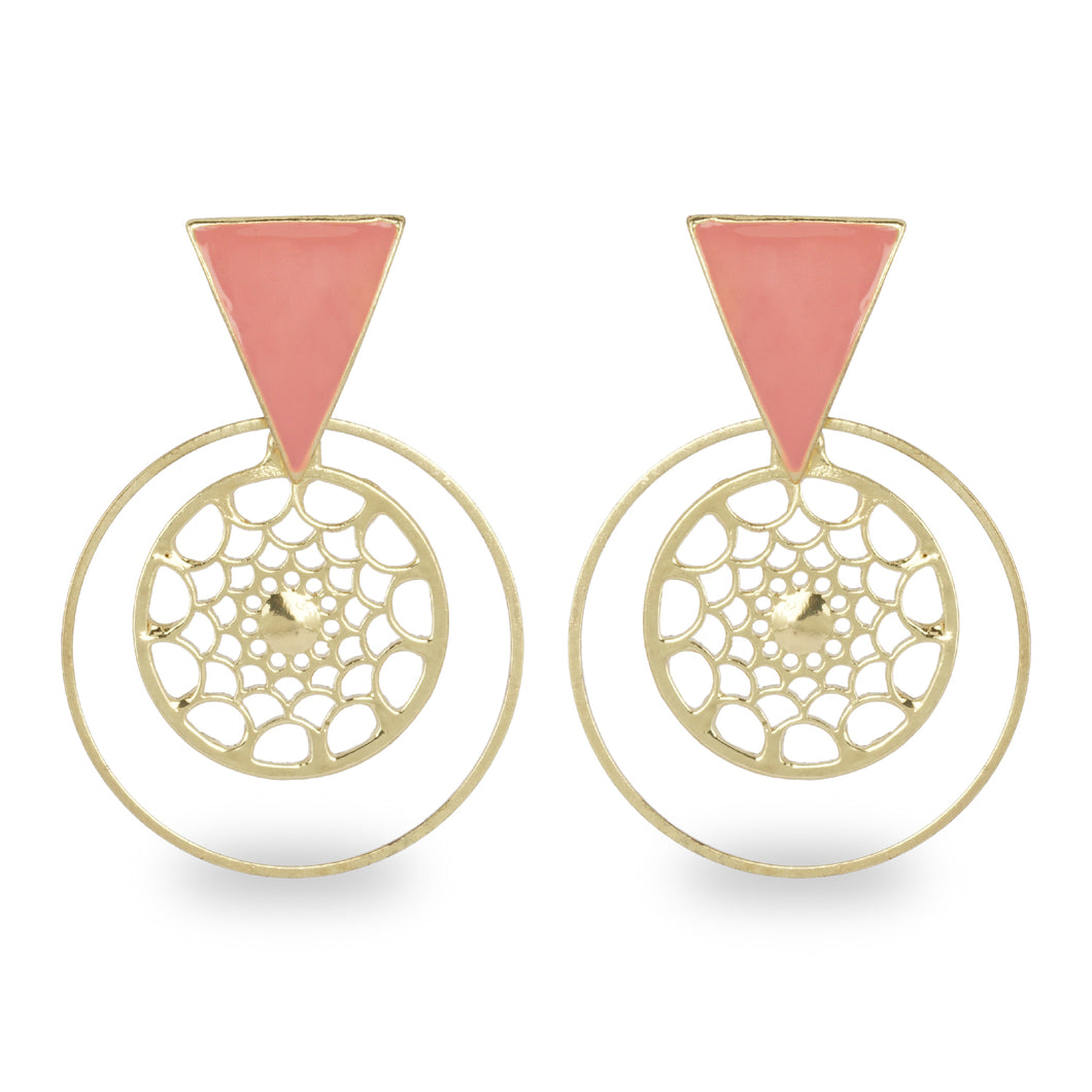 PINK ENAMELED TRIANGLE STUD WITH ROUND CUTWORK EARRING
