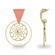 Load image into Gallery viewer, PINK ENAMELED TRIANGLE STUD WITH ROUND CUTWORK EARRING