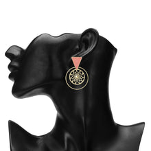 Load image into Gallery viewer, PINK ENAMELED TRIANGLE STUD WITH ROUND CUTWORK EARRING