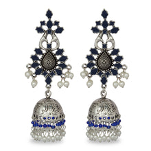 Load image into Gallery viewer, BLUE AND SILVER FESTIVE JHUMKA EARRING