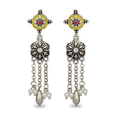 INDO WESTERN CLASSY SILVER WITH YELLOW ENAMEL EARRING