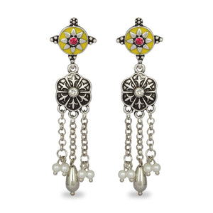 INDO WESTERN CLASSY SILVER WITH YELLOW ENAMEL EARRING