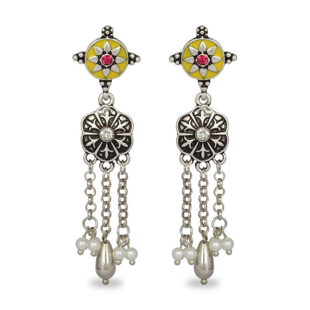 INDO WESTERN CLASSY SILVER WITH YELLOW ENAMEL EARRING