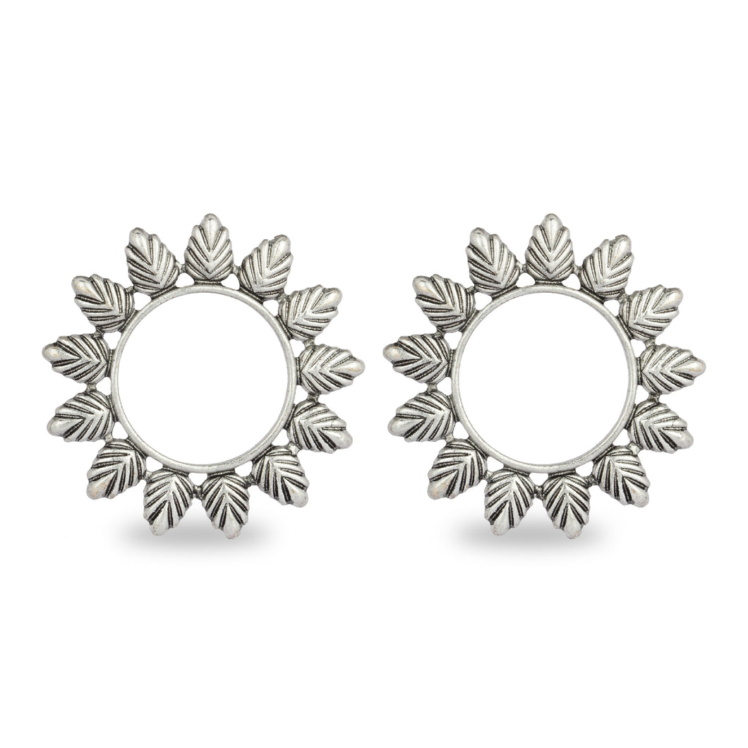 OXIDISED SILVER ROUND LEAFS STUD EARRING