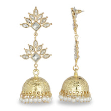 Load image into Gallery viewer, GOLDEN LONG FESTIVE JHUMKA EARRING WITH KUNDAN STONES