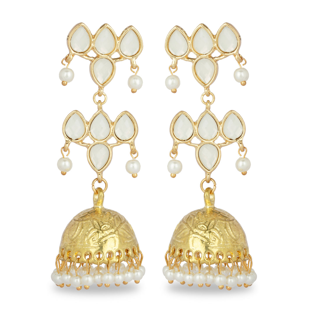 GOLDEN HOOP JHUMKA EARRING WITH WHTE STONES