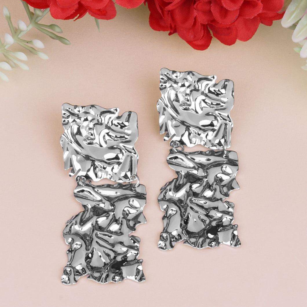 Silver Toned | Long Earings | Paneled | 2 Layers | Foil Texture