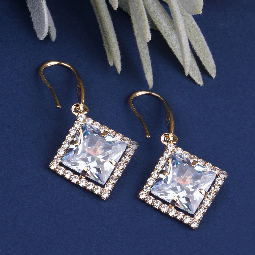 Golden Earings | Hooks | Solitaire CZ Stone | Square