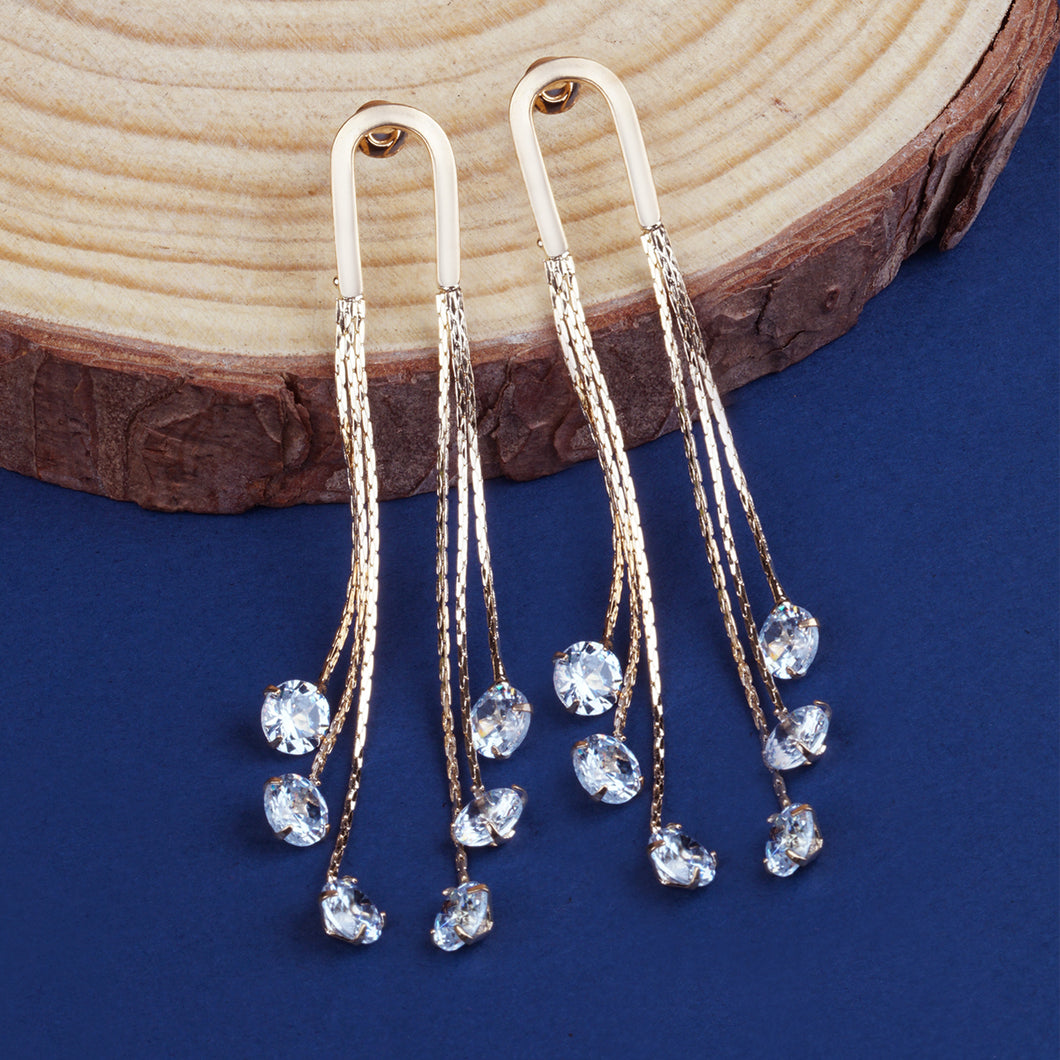 Golden Long Earings | Chain Danglers | CZ Stones | Solitaire Hanging