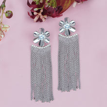 Load image into Gallery viewer, Silver Long Earrings | Chains Danglers | Metal Flower |CZ Stone