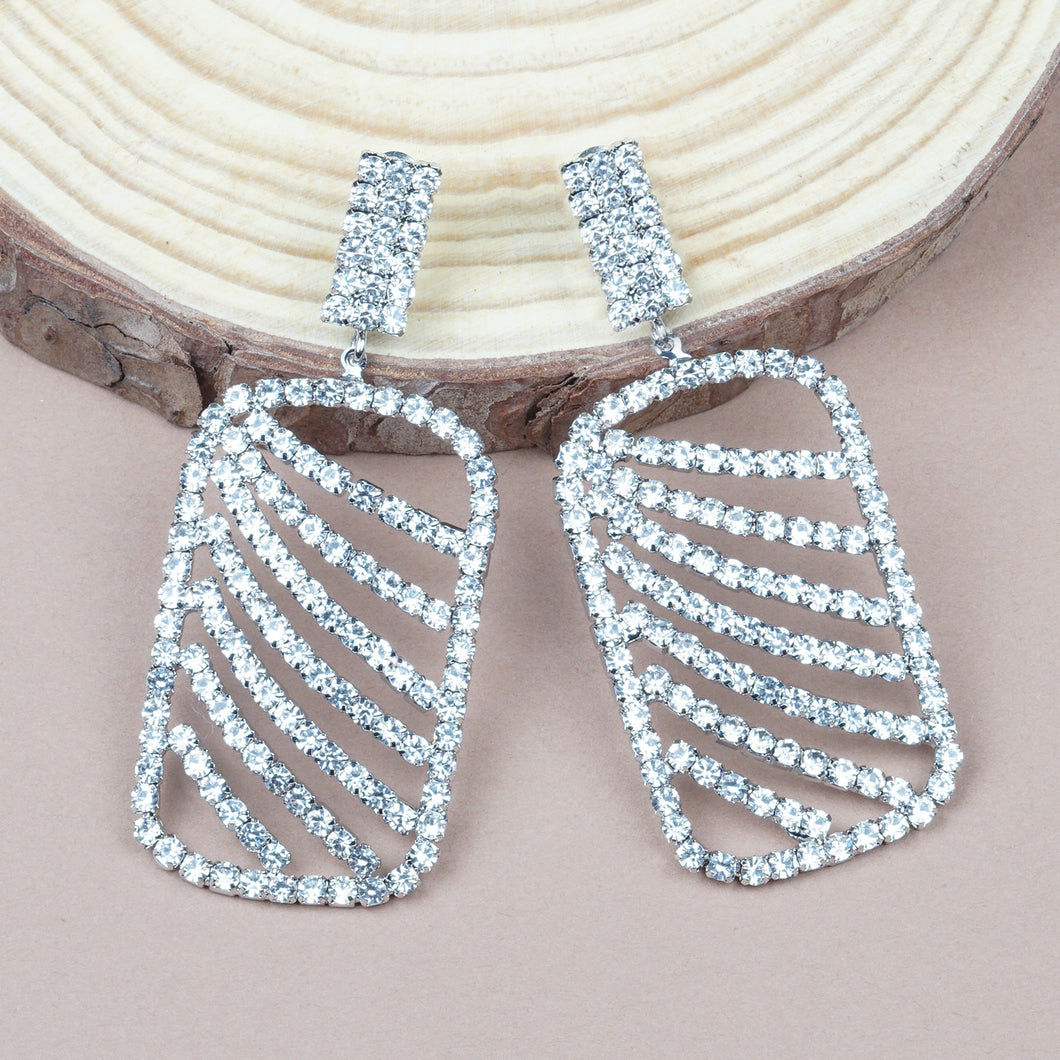 Silver Platted | Long Earings | CZ Stones | Chandeliers | Rectangle