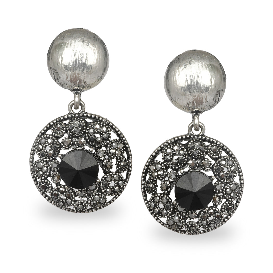 CIRCULAR SILVER OXIDISED AZTEC EARRINGS